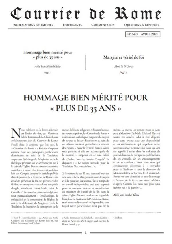 Courrier de Rome Avril 2021